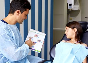 A dentist showing a young patient a dental chart