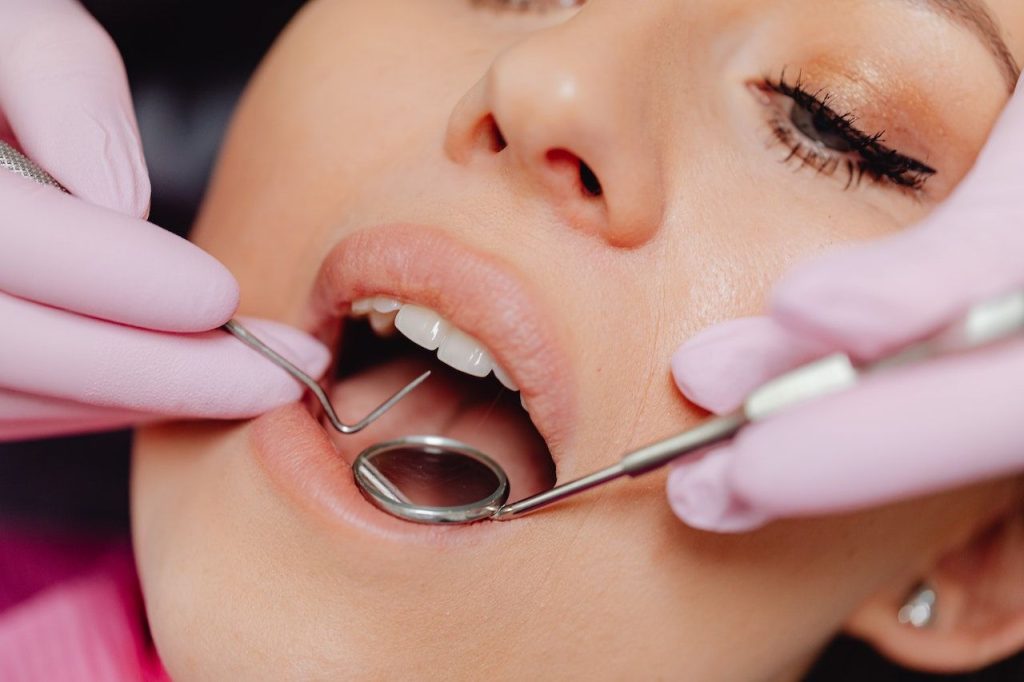 Close up of dental crown inspection